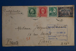 AH16 CUBA   BELLE LETTRE CERTIFICADO  1938 LA HAVANA  A PARIS   FRANCE+++ AFFRANCH. INTERESSANT - Storia Postale
