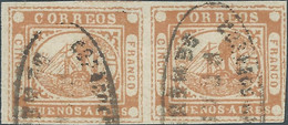 ARGENTINA,Buenos Aires,1858 Steam Ship 5P Yellowish Orange "CINCO Ps"in Pairs Imperforated  Obliterated - Buenos Aires (1858-1864)