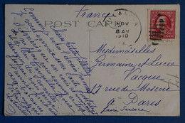 AJ1 ETATS  UNIS BELLE  CARTE   1910   ++++ POUR PARIS +  AFFRANCHISSEMENT  INTERESSANT - Covers & Documents