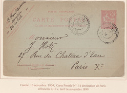 CRETE - MOUCHON 10 C - ENTIER POSTAL DE CANDIE POUR PARIS AU TARIF - RARE ET TTB - Other & Unclassified