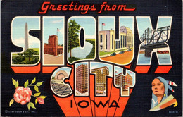 Iowa Greetings From Sioux City Large Letter Linen 1947 Curteich - Sioux City