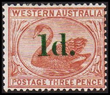 1885. Western Australia. 1 D. On THREE PENCE. Swan. Hinged.  (Michel 29 I) - JF512306 - Nuevos