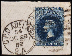 1868. SOUTH AUSTRALIA.  SIX  PENCE  VICTORIA Perforated. Small Piece Cancelled G.P.O. ADELAIDE... (MICHEL 30) - JF512413 - Oblitérés