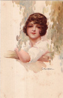 Carte Signée C.MONESTIER. Jeune Femme élégante, Feuillage - Monestier, C.