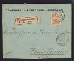 ROMANIA 1909 REGISTERED (BUCURESTI-POSTA CENTRALE) MAILED COVER TO ITALY - Briefe U. Dokumente