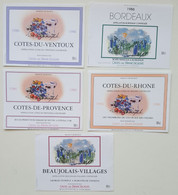 Lot 5 étiquettes De Vin -Thème : Illustrateur - Côtes Ventoux Provence Rhône Beaujolais Bordeaux(Caves Franciscains)/ET4 - Art