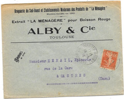 Enveloppe En-tête  "ALBY & Cie" LA MENAGERE Pour BOISSON ROUGE - Droguerie Du Sud-Ouest à TOULOUSE   1916 Timbre Semeuse - Drogisterij & Parfum