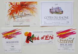 Lot 5 Belles étiquettes De Vin -Thème : Aquarelle - Dessins - Peintures - JEANJEAN à St-Félix-de-Lodez (Hérault) /ET4 - Art