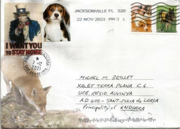 Letter From Jacksonville (dogs) Sent To Andorra (PRINCIPALITY), With COVID-19 Sticker I WANT YOU TO STAY HOME - Cartas & Documentos