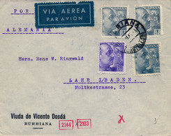 1951 CASTELLÓN , SOBRE CIRCULADO POR CORREO AÉREO A BADEN , DOBLE CENSURA - Lettres & Documents