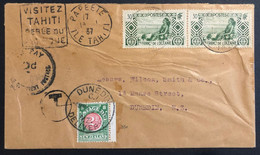 Océanie Lettre Recommandée TAHITI 1937 N°93 X2 Oblitérés De Papeete Pour DUNEDIN Nouvelle Zelande + Timbre Taxe 2d RR - Covers & Documents