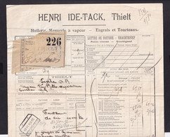 954/27 -- Cachets De Gare De FORTUNE - Lettre De Voiture Henri Ide-Tack ,Huilerie,  THIELT 1919 , Via ESSCHEN Frontière - Other & Unclassified