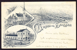 1898 Mit Bahnpost Gelaufene AK, Gruss Aus Selzach. 3 Bildrige Litho. Mit Passionsspiel Haus. Minim Fleckig - Selzach