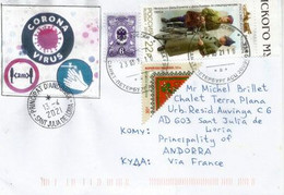 Letter From RUSSIA, Sent To Th Principality Of Andorra, With Local Arrival Prevention Coronavirus Sticker & Postmark - Varietà E Curiosità