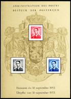BELGIUM(1953) King Baudouin With Glasses. Deluxe Proof (LX16) Of 3 Values On Card. Scott Nos 446-8, Yvert Nos 924-6. - Luxuskleinbögen [LX]