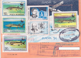 STURGEON FISHES, EUROPA- SPACE, COSMOS STAMP SHEET, INTERNATIONAL LETTER RECEIPT CONFIRMATION, 1995, ROMANIA - Cartas & Documentos