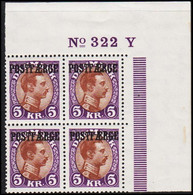 1941. DANMARK. Postfærge. Chr. X. 5 Kr 4-block No 322 Y. Never Hinged, LUXUS.  (Michel PF24) - JF513817 - Paquetes Postales