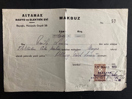 MAKBUZ ALYANAK RADYO Ve ELEKTRIK EVI TP 10 KURUS OBL. 1 Mayis 1953 - Briefe U. Dokumente