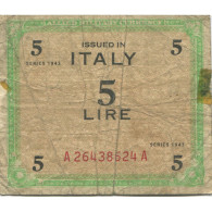 Billet, Italie, 5 Lire, 1943, KM:M18b, B - Ocupación Aliados Segunda Guerra Mundial