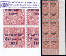 Ireland 1922-23 Thom Saorstat 3-line Ovpt On 1½d Brown Var. "Colon For 1 In 1922" In A Corner Block Of 10 Mint - Unused Stamps