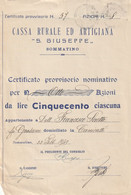 Certificato Provv. Nominativo N.8 Azioni £500 - Cassa Rurale Ed Artigiana - Sommatino (Caltanissetta) 1949 - Landbouw