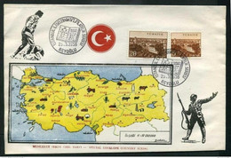 Turkey 1958 Philatelic Exhibition | Map And Flag Of Turkey | Soldier With Bayonet Rifle, Mar.23 | Special Postmark - Lettres & Documents