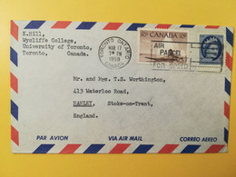 1958 BUSTA COVER AIR MAIL PAR AVION CANADA  BOLLO QUEEN ELIZABETH KAJAK OBLITERE' TORONTO SLOGAN TO ENGLAND - Storia Postale