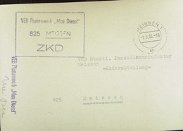 Orts-Brief Mit ZKD-Kastenst. "VEB Plattenwerk "Max Dietel" 825 MEISSEN" 1.9.66 An VEB Staatl. Porzellanmanufaktur Meißen - Service Central De Courrier