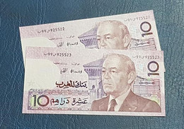 MAROC : Lot 1 - 2 Billets De 10 Dirhams (Hassan II) 1987 "UNC" - Numéros De Série Consécutifs - Morocco