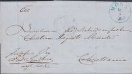 1851. NORGE. Small Cover (folds) To Christiania Cancelled In Blue MOSS 6 4 1851. Portofri Sag. Interesting... - JF427630 - ...-1855 Voorfilatelie