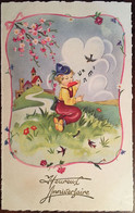 Cp, édition MD Paris, Série 4700,Heureux Anniversaire Illustration Enfant à L'Harmonica, Oiseaux, Paysage, Cadre Ruban - Birthday