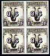 Australia 1932 Lyre Bird 1s Opt'd OS Imperf Block Of 4 Being A 'Hialeah' Reproduction On Gummed Paper (as SG O136) - Neufs