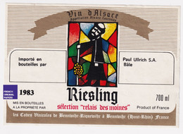 JAMAIS COLLEE 1983 étiquette Riesling Paul Ullrich Relais Des Moines Cave Bennwihr Riquewihr Vin D' Alsace A54-13 - Riesling