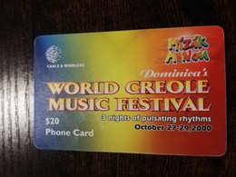 DOMINICA / $20 CHIPCARD  WORLD CREOLE MUSIC FESTIVAL 2000       Fine Used Card  ** 6865 ** - Dominica