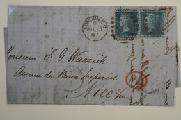 C GRANDE BRETAGNE BELLE LETTRE 1867 LONDON POUR NICE  FRANCE ++PD ROUGE +PAIRE DE 2 PENCE ++AFFRANCHISSEMENT INTERESSANT - Brieven En Documenten