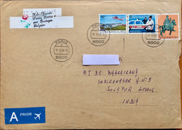 LUXEMBOURG 1998, AIRMAIL USED COVER,PERLE TO INDIA,HÖRE ,SCUPLECTURE POLICE VAN ,HELICOPTER,3 STAMPS USED,25 FRANK RATE - Covers & Documents