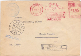 W0920- SIBIU, TEXT, AMOUNT 1.55 RED MACHINE STAMPS ON REGISTERED COVER, 1953, ROMANIA - Covers & Documents