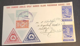 SP) 1958 NEW ZEALAND, DIAMOND JUBILEE GREAT BARRIER ISLAND PIGEONGRAM SERVICE, FIRST TASMAN FLIGHT, CIRCULATED COVER TO - Autres & Non Classés