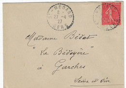 St MEDARD Gers Lettre 50c Semeuse Lignée Yv 199 Ob 1927 Cercle Pointillé FB 04 - Handstempel