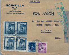 1938 ,BARCELONA - SOBRE CERTIFICADO A BADEN , CENSURA , CORREO AÉREO - Briefe U. Dokumente