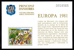 ANDORRA - 1981 VEGUERIA EUROPA HISTORIA DEL CORREU BLOCK FINE MNH ** - Episcopal Viguerie