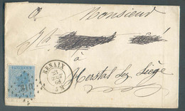N°18 Obl. LP. 310 Sur Lettre De RENAIX le 23 Août 1868 Vers Herstal. - 19058 - 1865-1866 Perfil Izquierdo