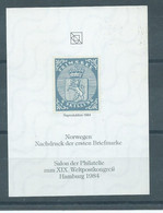 Norway 1984 NK1 First Stamp Reprint On Souvenir Sheet For XIX Weltpostkongress Hamburg - Proeven & Herdrukken