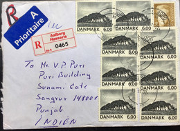 DENMARK 2002, REGISTERED AIRMAIL USED COVER TO INDIA,AALBORG VIGNETTE LABEL & CANCELLATION,9 STAMP 54 KROWN RATE!!! - Brieven En Documenten