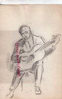 75- PARIS- ARCHIVE PEINTRE GASTON DARDAILLON-7 RUE CRILLON- VERITABLE DESSIN GUITARISTE GUITARE - - Dessins