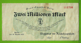 ALLEMAGNE / STADTKASSENSCHEIN / ZWEI MILLIONEN MARK MARK  / 25 AOUT 1923 / N° 112726 - Zwischenscheine - Schatzanweisungen