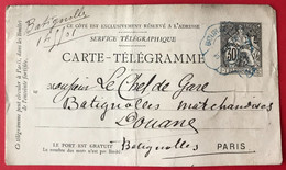 France, Carte Télégramme De BOURSE Pour Les Douanes Gare Des Batignolles - (A313) - Otros & Sin Clasificación