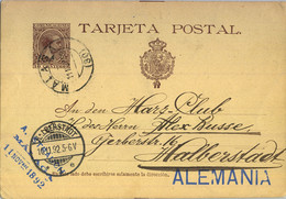 1892 MÁLAGA , ENTERO POSTAL ED. 27 CIRCULADO A HALBERSTADT , LLEGADA - 1850-1931