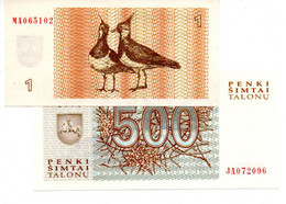 LITUANIE  -  Lot De 2 Billets : 1 Talonas 1992 Et 500 Talonas 1993  --- UNC ---   Lietuva - Lituanie