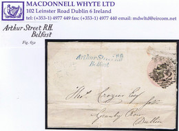 Ireland Belfast 1844 Italic "Arthur Street R.H/ Belfast" Blue Receiver On 1d Pink Wrapper To Dublin, Cancelled "62" Diam - Vorphilatelie